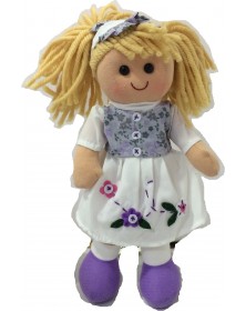 BAMBOLA MINI IMBOTTITA IN PEZZA  CON VESTITO A FIORI VIOLA - BIANCO BIONDA